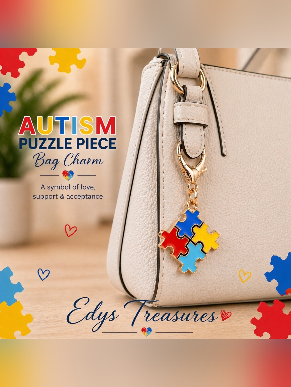 Autism Puzzle Piece Bag Charm Keychain NWOT - Picture 2 of 3